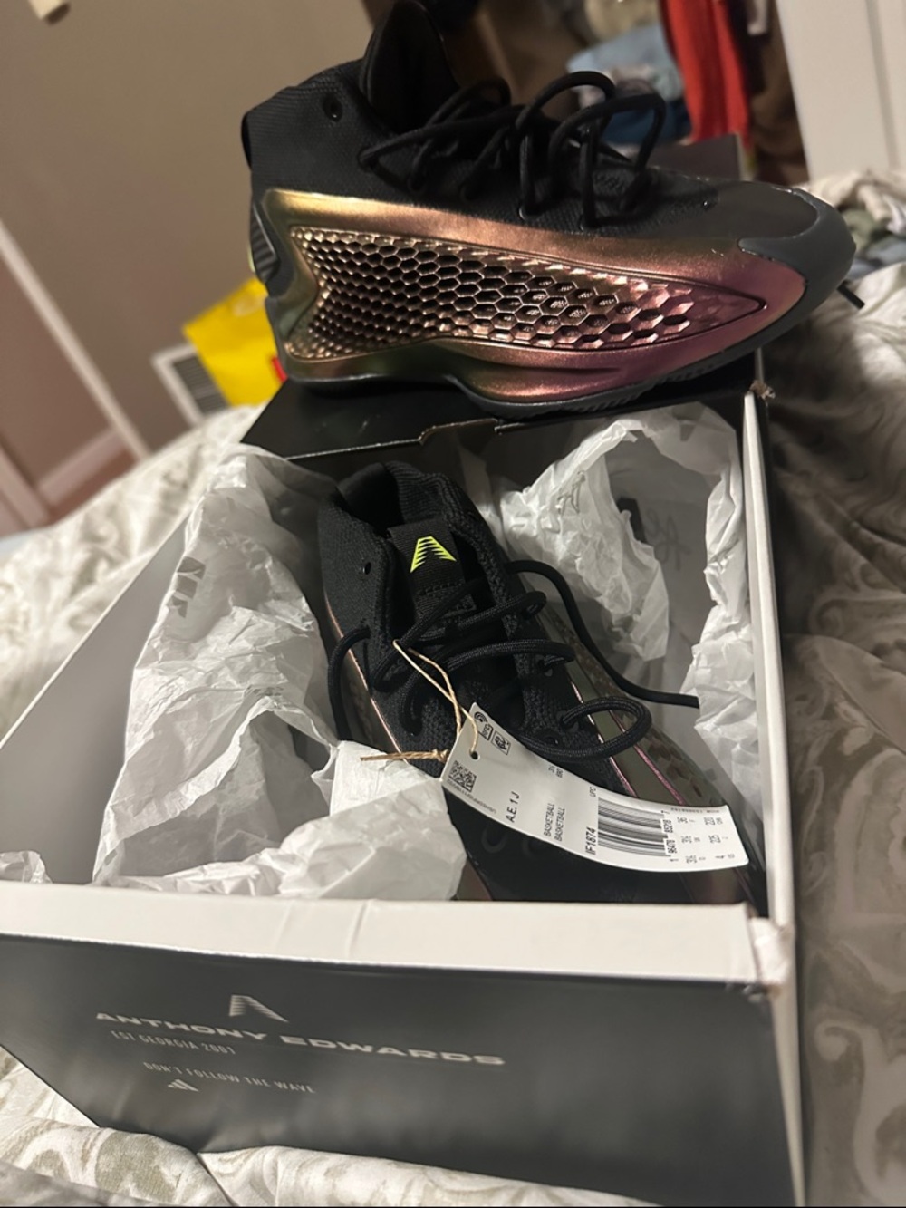 adidas Anthony Edwards Kids Black Sneakers with Iridescent Gold-Pink Accents